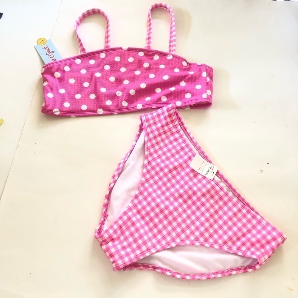 Cat & Jack Girls Pink Gingham Spots Polka Dots Bandeau Bikini Set Sz XXL (16-18)